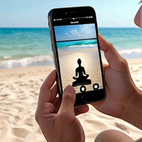 Home 6 **A person meditating peacefully using a mindfulness app on their smartphone, with a serene beach background visible on the screen.** (This visualizes the integration of technology and mindfulness for inner calm.)