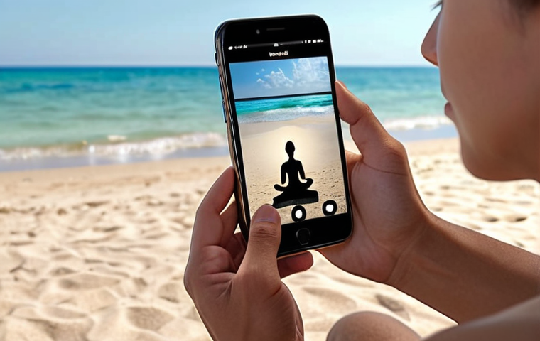 **A person meditating peacefully using a mindfulness app on their smartphone, with a serene beach background visible on the screen.** (This visualizes the integration of technology and mindfulness for inner calm.)
