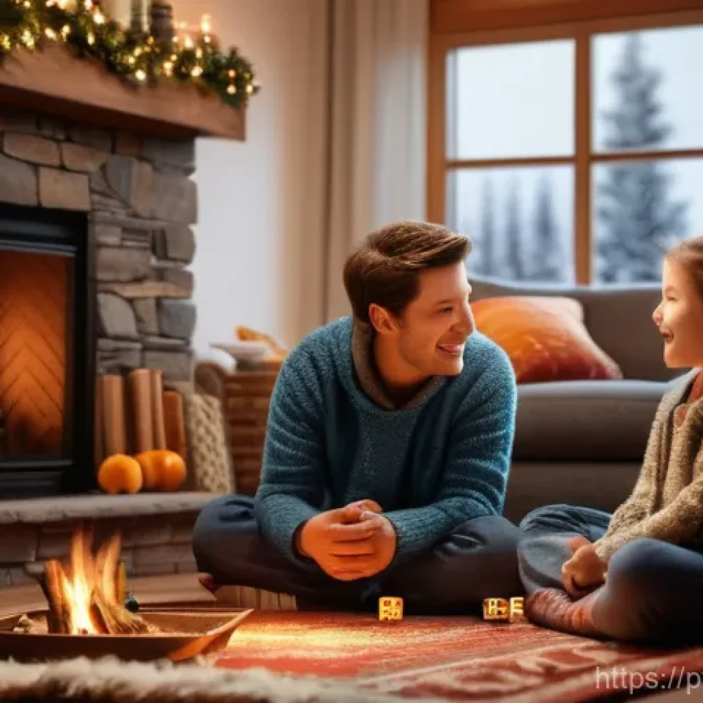 마인드풀테크 개발 시 기술적 고려사항 - A warm and inviting living room on a snowy evening. A family of four (parents and two children, aged...