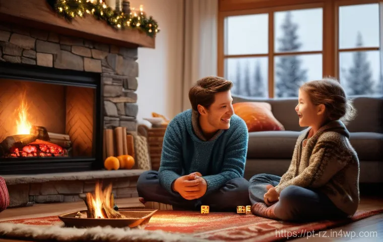 마인드풀테크 개발 시 기술적 고려사항 - A warm and inviting living room on a snowy evening. A family of four (parents and two children, aged...