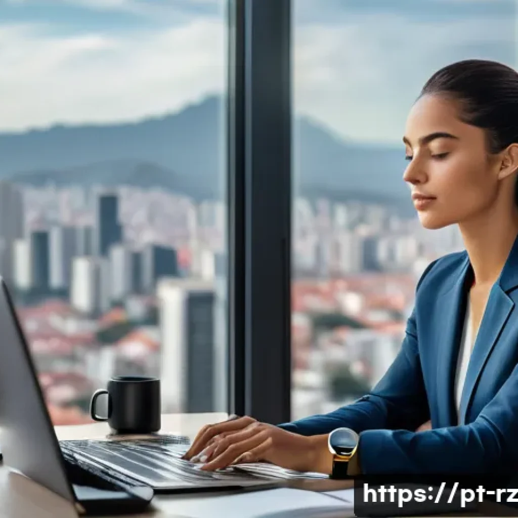 마인드풀테크의 지속적인 발전 전략 - A modern workspace featuring a young Brazilian professional wearing smart casual attire, sitting cal...