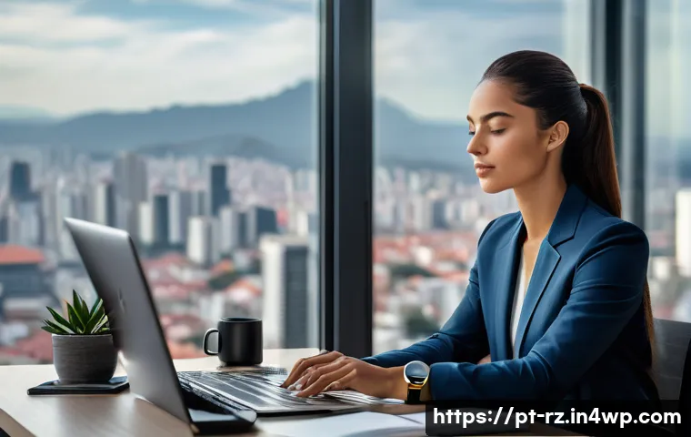 마인드풀테크의 지속적인 발전 전략 - A modern workspace featuring a young Brazilian professional wearing smart casual attire, sitting cal...