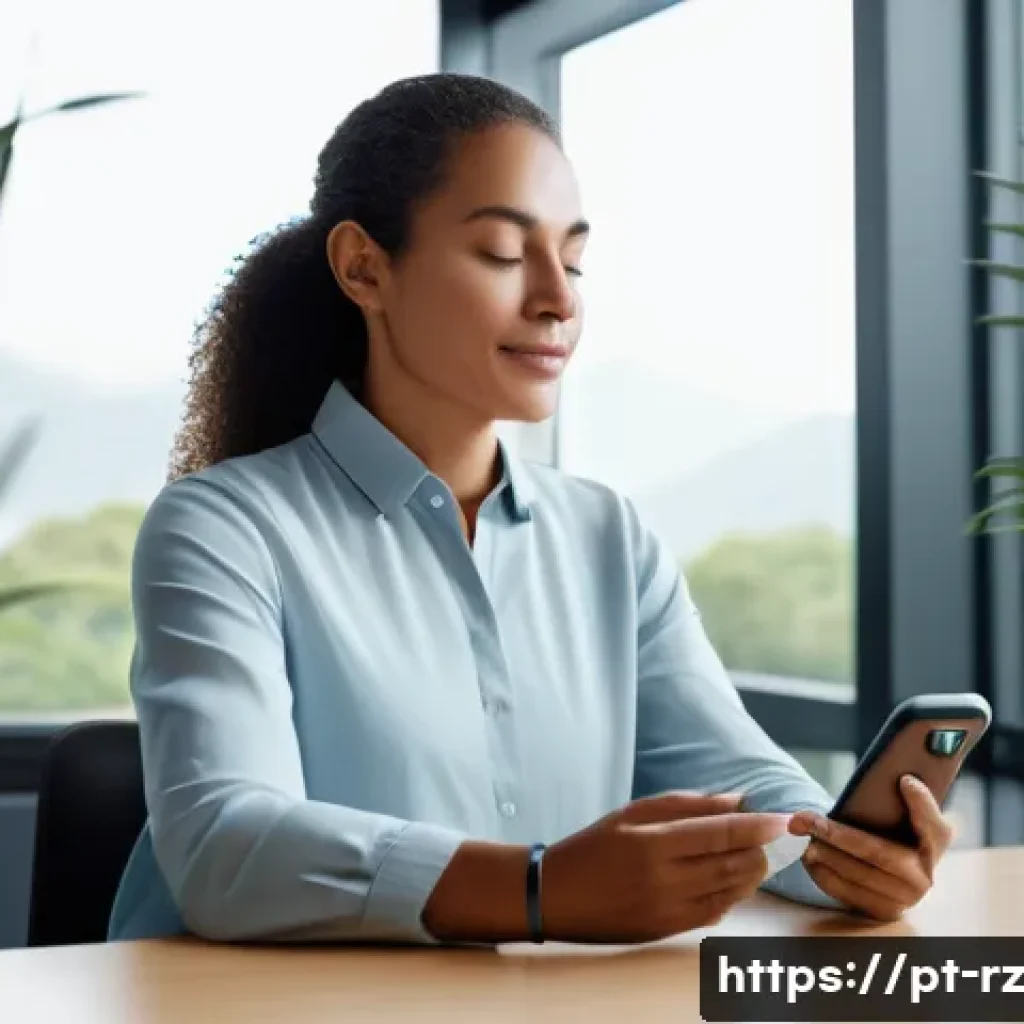마인드풀테크 개발에 필요한 인사이트 - A serene home office scene featuring a middle-aged Brazilian professional woman practicing mindfulne...