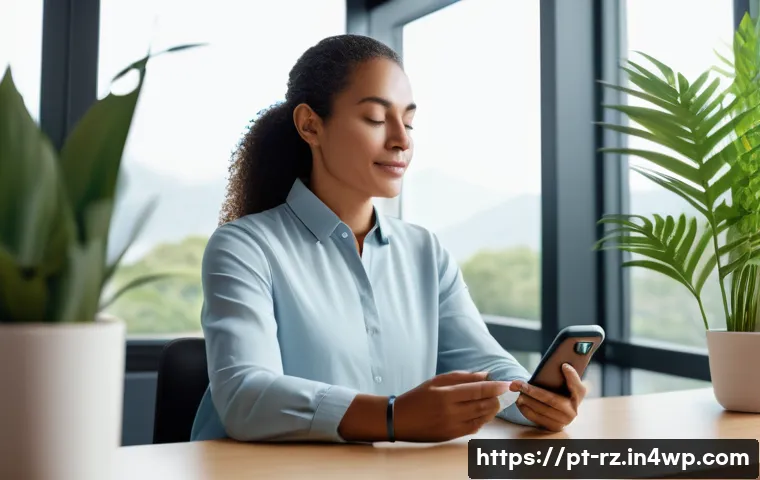 마인드풀테크 개발에 필요한 인사이트 - A serene home office scene featuring a middle-aged Brazilian professional woman practicing mindfulne...