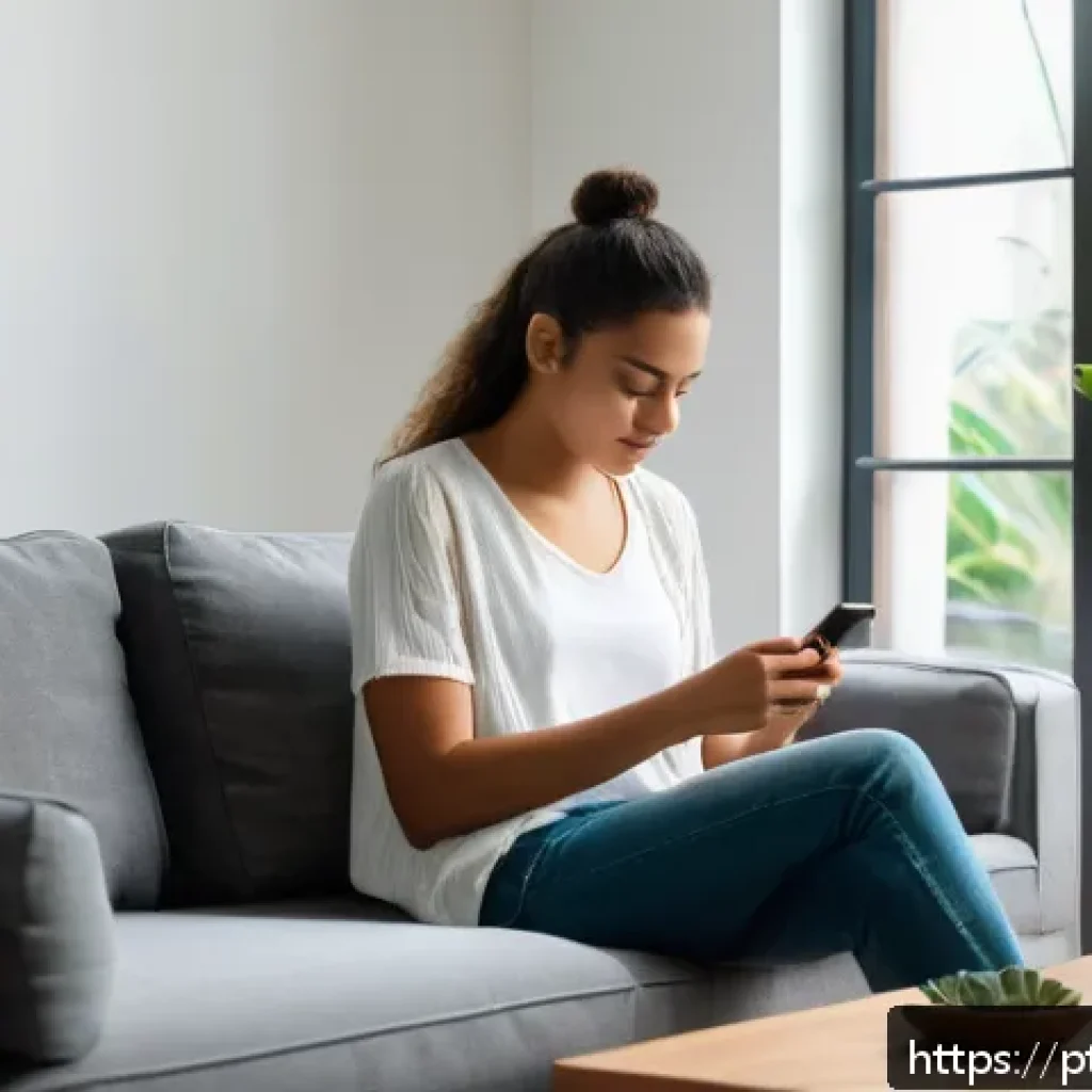 마인드풀테크의 역사적 배경 - A young Brazilian woman practicing mindful technology use at home in São Paulo, sitting calmly on a ...