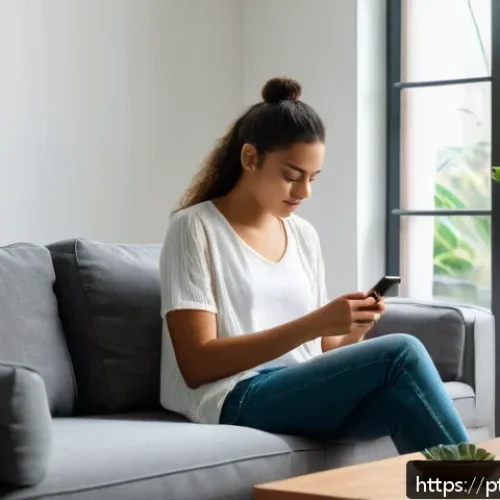 Home 31 마인드풀테크의 역사적 배경 - A young Brazilian woman practicing mindful technology use at home in São Paulo, sitting calmly on a ...