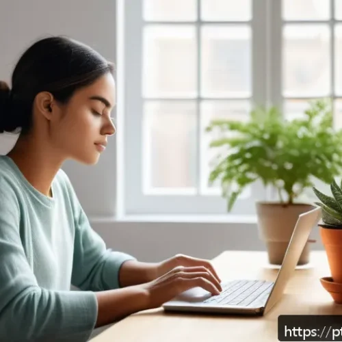 Home 30 마인드풀테크의 중요성에 대한 연구 - A serene home office scene with a young adult sitting at a tidy wooden desk, taking a mindful break ...