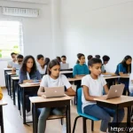 Home 23 마인드풀테크의 교육적 활용 - A modern classroom scene in a Brazilian school featuring diverse teenage students practicing mindful...