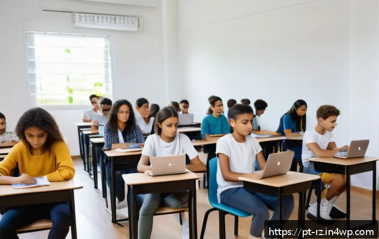 마인드풀테크의 교육적 활용 - A modern classroom scene in a Brazilian school featuring diverse teenage students practicing mindful...