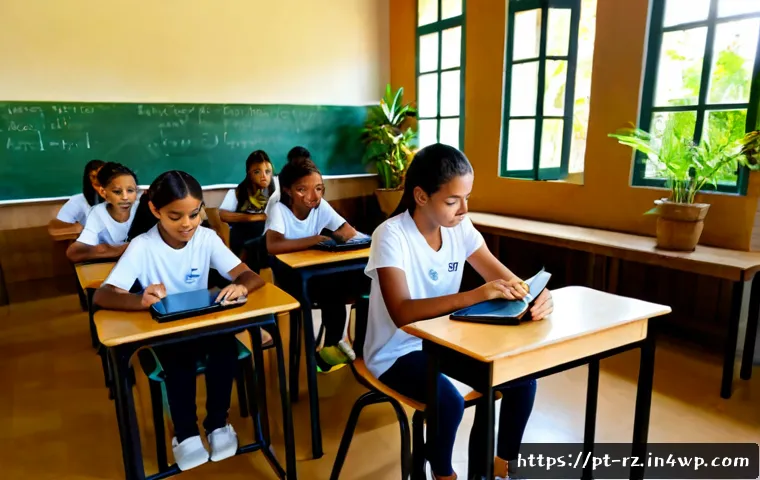 Home 17 마인드풀테크의 교육적 효과 - Photorealistic Brazilian middle-school classroom using mindful technology for learning, diverse stud...
